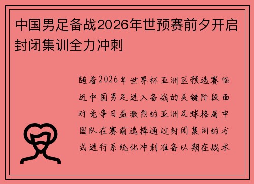 中国男足备战2026年世预赛前夕开启封闭集训全力冲刺 中国男足备战2026年世预赛前夕开启封闭集训全力冲刺